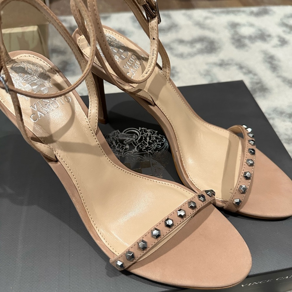 Vince Camuto Tan Strappy Heels with Studded Detail